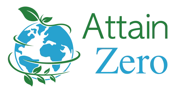 Attain Zero logo featuring a stylised globe encircled by green leaves, symbolising environmental sustainability and the goal of achieving zero emissions.